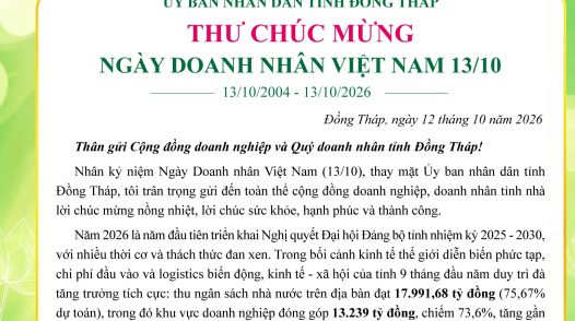 Chủ tịch UBND tỉnh Đồng Tháp chúc mừng Ngày Doanh nhân Việt Nam 13/10