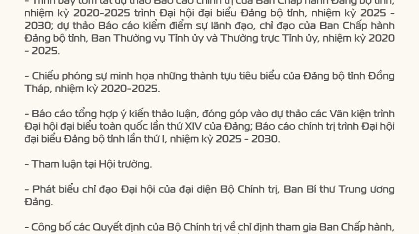 [Infographic] Toàn cảnh chương trình Đại hội Đại biểu Đảng bộ tỉnh Đồng Tháp lần thứ I, nhiệm kỳ 2025-2030