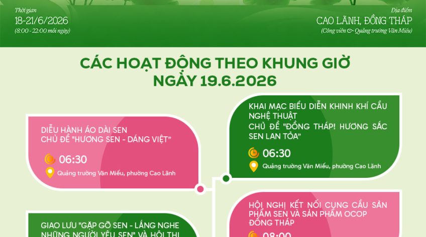 [Infographic] Lịch hoạt động theo khung giờ Lễ hội Sen Đồng Tháp lần thứ III, năm 2026 - Ngày 19/6/2026